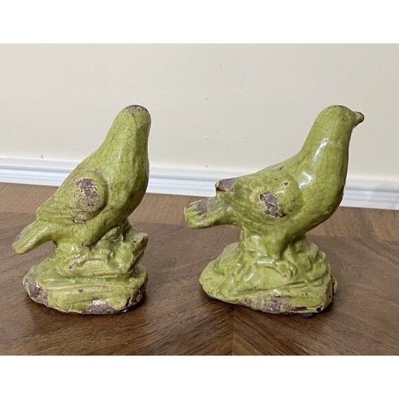 MCM Green Crackle Glaze Art Pottery Bird Figures Set Of 2 Farmhouse Bird Lovers - Picture 4 of 13